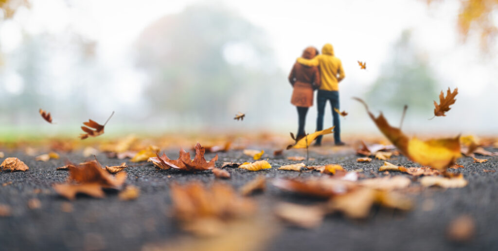 Couple walking arm in arm through autumn leaves, symbolizing partnership and shared journey in premarital or pre-commitment therapy